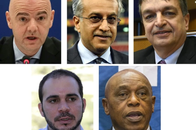 Les 5 candidats à la présidence de la Fifa (g à d) Gianni Infantino, Cheikh Salman, Jérôme Champagne,  Prince Ali et Tokyo Sexwale