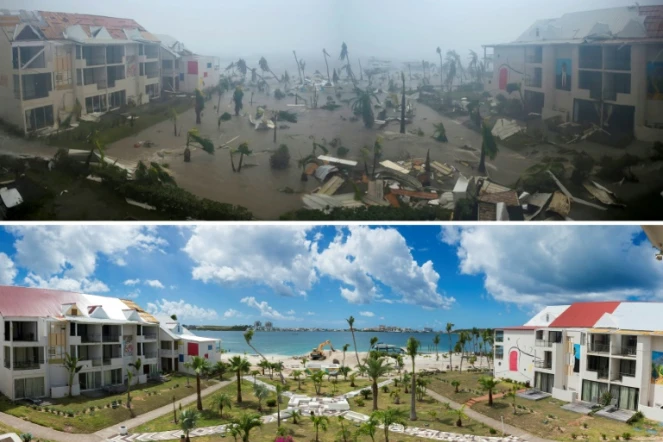 Photos de l'hôtel Mercure de l'île de St-Martin dans la baie Nettlé à Marigot, dans les Caraïbes, après le passage de l'ouragan Irma le 6 septembre 2017 et après sa reconstruction partielle le 28 février 2018