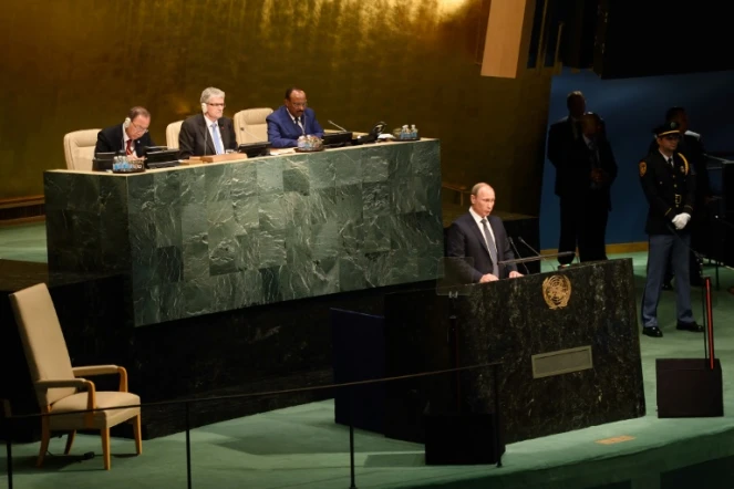 Le président russe Vladimir Poutine à la tribune de l'ONU à New York, le 28 septembre 2015 