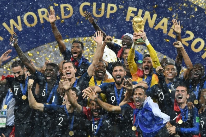 L'équipe de France de football en liesse après avoir remporté le Mondial-2018 au détriment de la Croatie au stade Loujniki à Moscou, le 15 juillet 2018