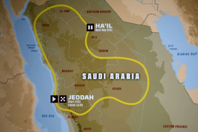 La carte du parcours du Dakar 2021 en Arabie saoudite, photographiée le 10 juin 2020 lors de sa présentation à Paris.  