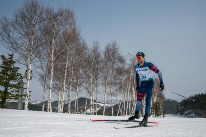 Le Français Benjamin Daviet lors de l'épreuve du 20 km libre de ski de fond aux Jeux Paralympiques d'Hiver de Pyeonchang, le 12 mars 2018 
