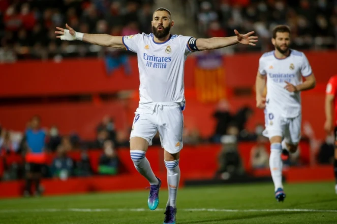 Karim Benzema fête son but, le 2e du Real Madrid contre Majorque aux Îles Baléares, le 14 mars 2022 