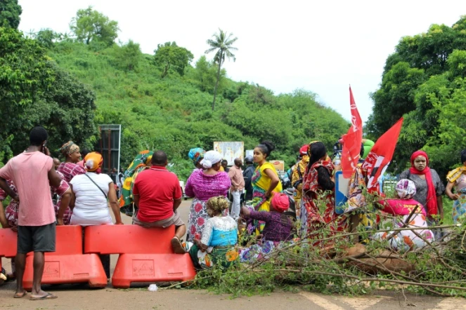 Des manifestants bloquent une route près de Koungou pour protester contre l'insécurité et le manque de développement de Mayotte, le 9 mars 2018