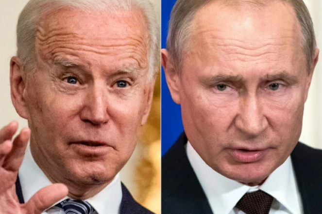Montage photo montrant Joe Biden le 15 mars 2021 à Washington et Vladimir Poutine le 5 mars 2020 à Moscou