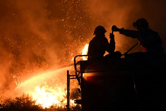 Les pompiers luttent contre un incendie près de Gois au Portugal, dans la nuit du 21 au 22 juin 2017
