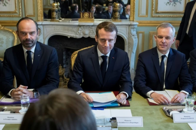 Le président Emmanuel Macron (c), le Premier ministre Edouard Philippe (g), le ministre de l'Ecologie François de Rugy (d), lors d'une réunion sur la "Programmation pluriannuelle de l'énergie (PPE), le 27 novembre 2018 à l'Elysée, à Paris