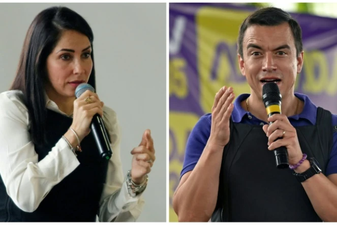 Combinaison d'images montrant la candidate à la présidence de l'Equateur Luisa Gonzalez (g) le 6 octobre 2023, et son adversaire Daniel Noboa lors d'un meeting de campagne à Salinas, en Equateur, le 25 août 2023