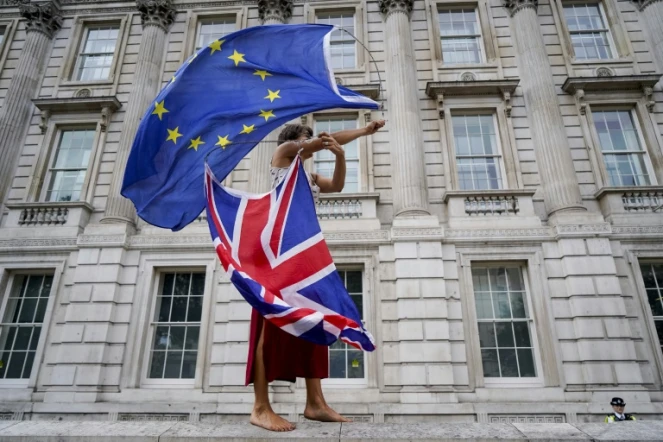 Un manifestant anti-Brexit fait tournoyer des drapeaux européen et britannique lors d'une manifestation à Londres le 31 août 2019  