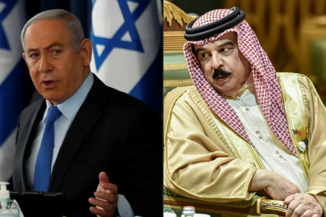 (COMBO) A gauche, le Premier ministre israélien Benjamin Netanyahu à Jésuralem, le roi du Bahreïn Hamad bin Isa Al Khalifa à Riyad en Arabie saoudite, le 10 décembre 2019  