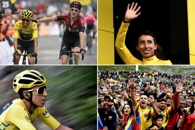Photo montage axée sur le Colombien Egan Bernal, maillot jaune du Tour de France,  lors de la 20e étape, le 27 juillet 2019 à Val Thorens 