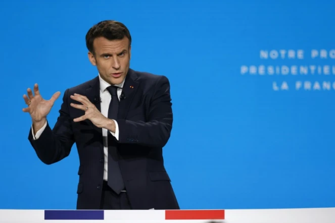 Conférence de presse du président de la République Emmanuel Macron, candidat à sa réélection, à Aubervilliers (Seine-Saint-Denis) le 17 mars 2022 