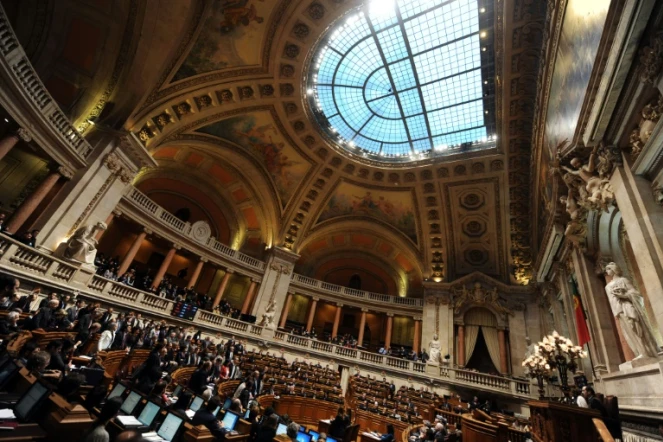 Vue générale du Parlement portugais où les députés du parti socialiste se lèvent pour voter, au palais Sao Bento de Lisbonne, le 25 mars 2010