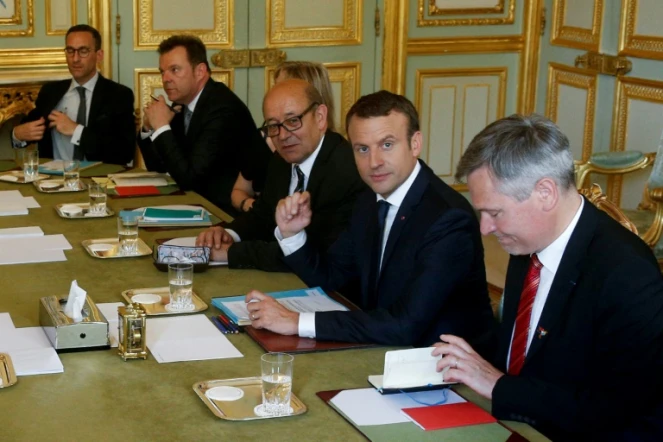 Le président Emmanuel Macron accompagné de Jean-Yves Le Drian, à l'Elysée le 21 juin 2017