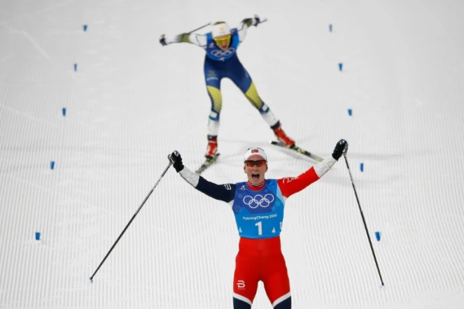 La Norvégienne Marit Björgen à l'arrivée du relais 4x5 km, à Pyeongchang, le 17 février 2018