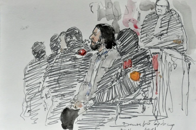 Croquis d'audience de Salah Abdeslam réalisé le 5 février 2018 lors de son procès devant un tribunal de Bruxelles