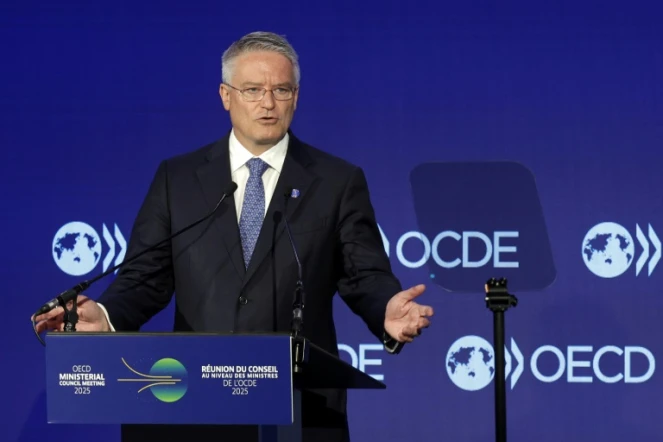 Le secrétaire général de l'OCDE Mathias Cormann s'exprime le 3 juin 2025 au siège de l'OCDE à Paris