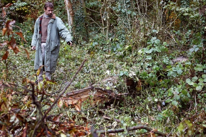 Le 29 octobre 2003, l'agriculteur Philippe Gava montre l'endroit de la découverte des corps de quatre bébés, quelques jours plus tôt, dans la forêt de Galfingue (Haut-Rhin)