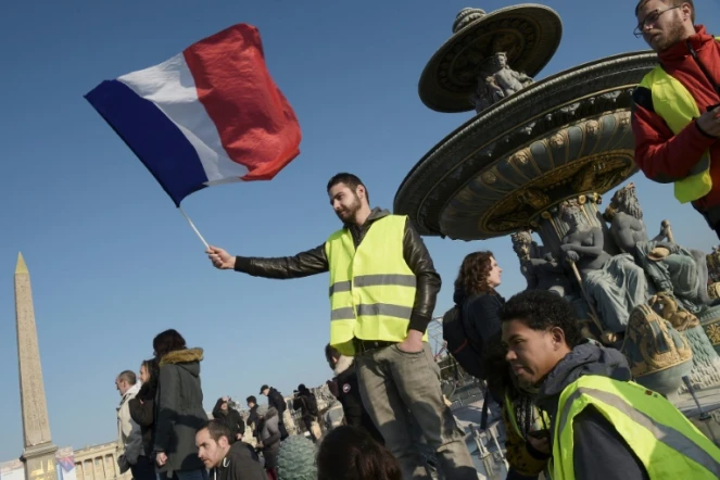 Un manifestant "gilet jaune" tient un drapeau français lors d'un rassemblement place de la Concorde, le 17 novembre 2018 à Paris