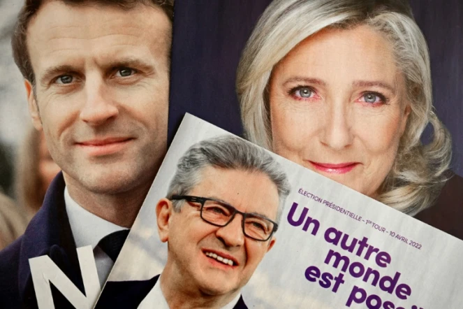 Emmanuel Macron (LREM), Marine Le Pen (RN) et Jean-Luc Mélenchon (LFI), le trio en tête des sondages pour l'élection présidentielle du 10 avril 2022