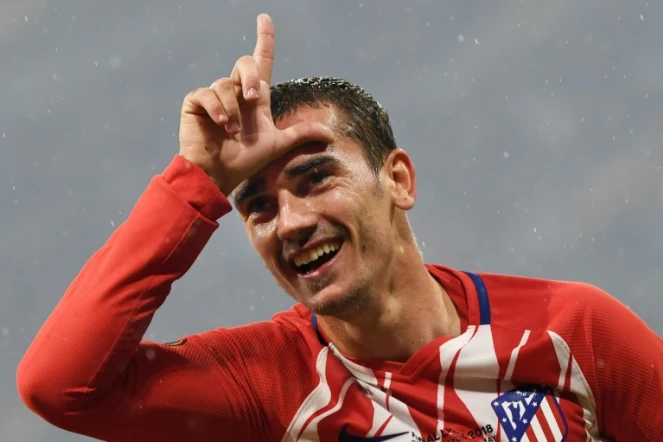 L'attaquant français de l'Atletico Madrid Antoine Griezmann vient de marquer lors de la finale de l'Europa League contre Marseille, le 16 mai 2018 à Lyon  