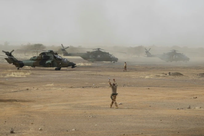 Des hélicoptères Tigre sur une base de la région de la Gourma, au Mali, le 27 mars 2019