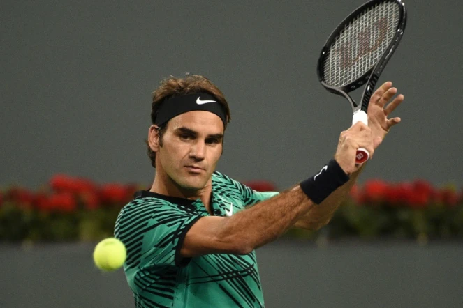 Le Suisse Roger Federer lors de sa victoire sur le Français Stéphane Robert, le 12 mars 2017 à Indian Wells