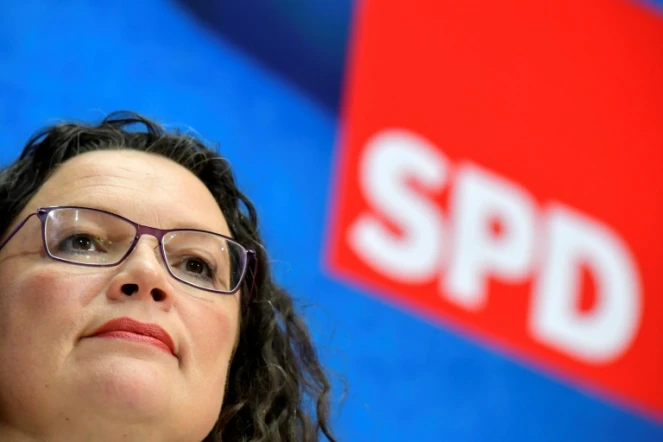 Photo de la cheffe du SPD allemand Andrea Nahles pendant une conférence de presse à Berlin le 27 mai 2019, au lendemain des élections européennes 