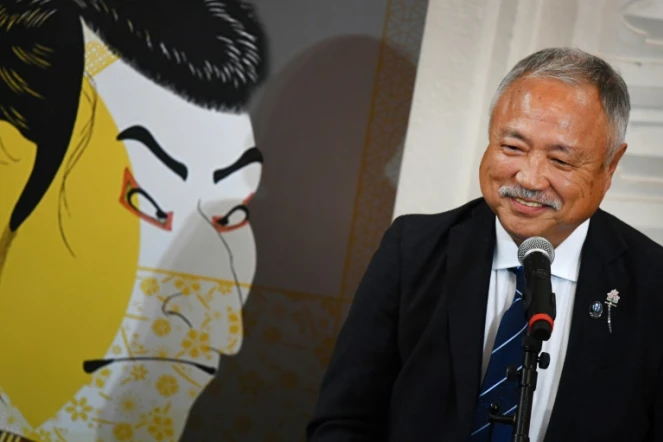 Le président de la Fédération japonaise de rugby (JRFU) Shigetaka Mori lors d'une allocution, le 16 septembre 2019 à Miyazaki au Japon