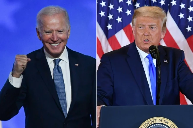 Joe Biden à Wilmington, dans le Delaware, et le président Donald Trump à la Maison Blanche, s'expriment lors de la nuit électorale du 3 au 4 novembre 2020 