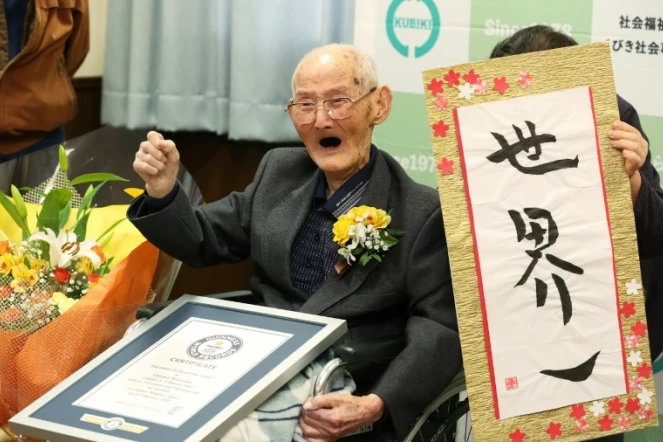 Photo fournie par Jiji Press le 12 février 2020, du Japonais de 112 ans, nouveau doyen de l'humanité désigné par le Guinness des records