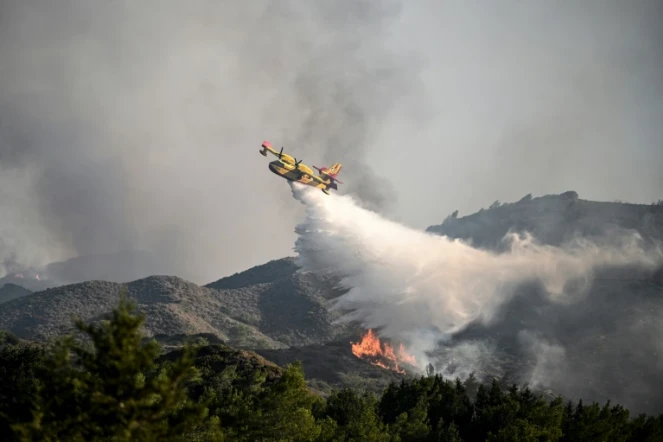 Lutte contre les feux de forêt près du village de Vati, sur l'île grecque de Rhodes, le 25 juillet 2023