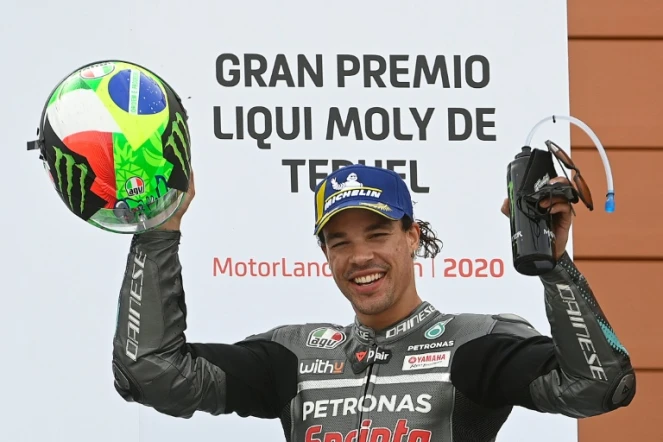 L'Italien Franco Morbidelli après sa victoire au Grand Prix de Teruel catégorie MotoGP, le 25 octobre 2020 sur le circuit d'Alcaniz