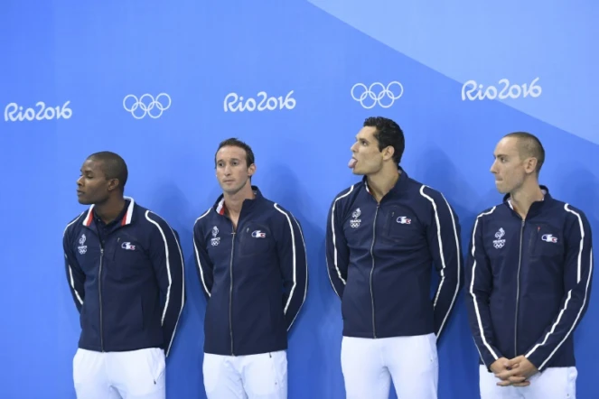 Les relayeurs français du 4x100 m nage libre, médaillés d'argent aux JO de Rio, le 7 août 2016