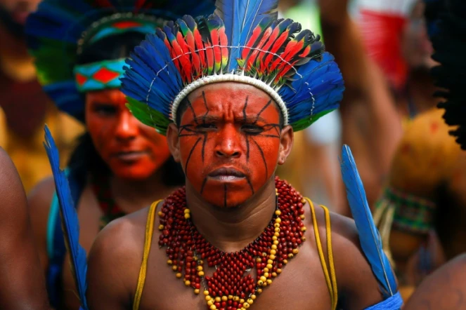 Des chefs indigènes et membres de tribus d'Amazonie manifestent à Brasilia le 11 mars 2020