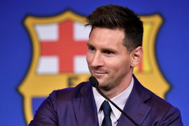 Lionel Messi lors de sa conférence de presse d'adieu au Barça au Camp Nou le 8 août 2021