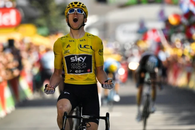 Le maillot jaune Geraint Thomas, vainqueur de la 12e étape du Tour de France à l'Alpe d'Huez, le 19 juillet 2018
