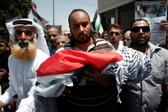 Funérailles d'Ali Saad Dawabsha, le bébé palestien mort brûlé vif avec ses parents, le 31 juillet 2015 à Douma en Cisjordanie occupée