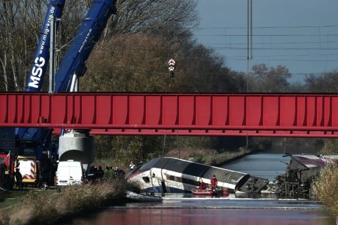 Les secours travaillent le 15 novembre 2015 sur la scène de l'accident du TGV qui a basculé la veille dans un canal à Eckwersheim en Alsace 