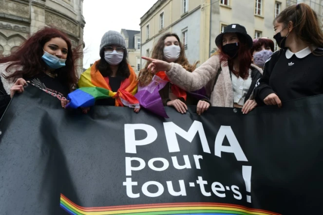 Des manifestantes brandissent une pancarte pro-PMA le 30 janvier 2021 à Angers