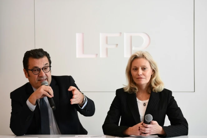 La présidente de la LFP Nathalie Boy de la Tour et le directeur exécutif Didier Quillot, lors d'un point presse à Paris, le 11 mars 2020