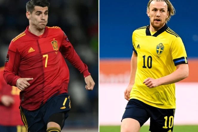 Montage photos de l'attaquant espagnol Alvaro Morata et du milieu de terrain suédois Emil Forsberg, dont les équipes s'affronteront pour leur 1er match de l'Euro 2020, le 14 juin 2021 à Séville