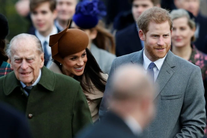 Le prince Philip, Meghan et Harry à Sandringham le 25 décembre 2017 