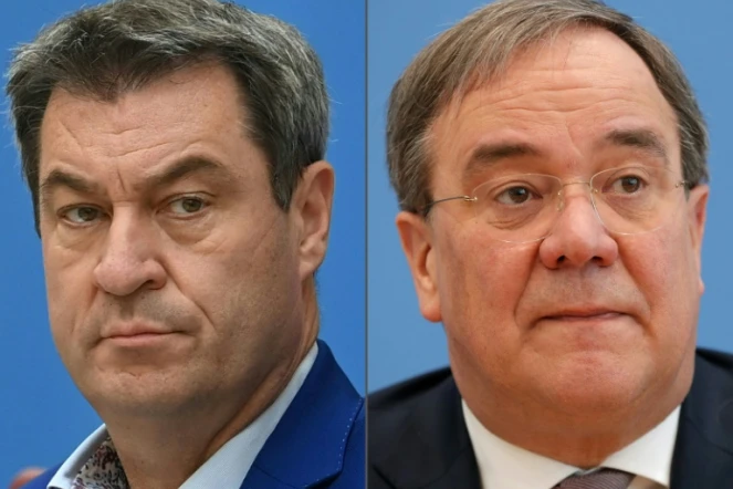 Le ministre-président bavarois, Markus Söder, à gauche, le 16 septembre 2020, et le président du parti chrétien-démocrate CDU et candidat potentiel à la chancellerie, Armin Laschet, le 25 février 2020, dans un combo créé le 19 avril 2021