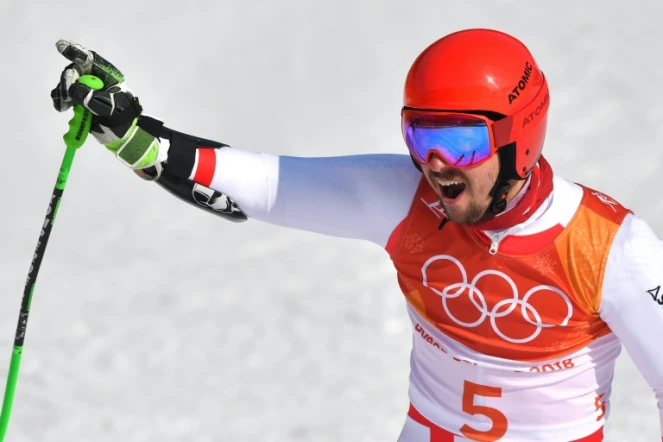 L'Autrichien Marcel Hirscher vient de remporter le slalom géant des Jeux olympiques, le 18 février 2018 à Pyeongchang  