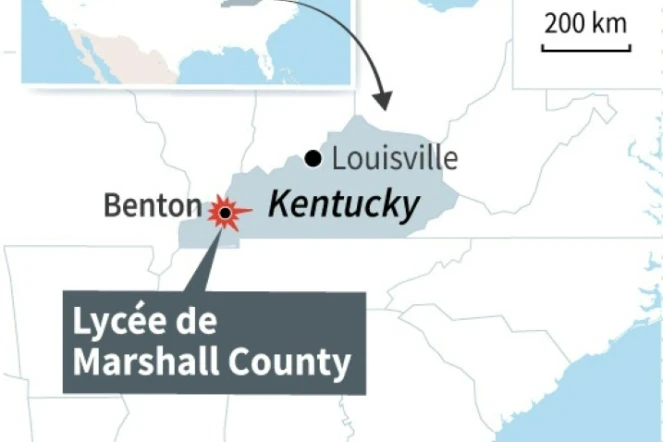 Localisation du lycée de Marshall County dans le ville de Benton (Kentucky, Etats-Unis) où une fusillade a éclaté mardi