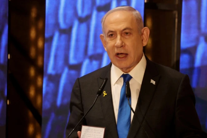 Le Premier ministre israélien Benjamin Netanyahu s'exprime lors d'une cérémonie, le 13 mai 2024 à Jérusalem