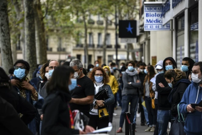 Des personnes masquées font la queue devant un laboratoire d'analyses médicales pour passer un test de dépistage du Covid-19, le 29 août 2020 à Paris
