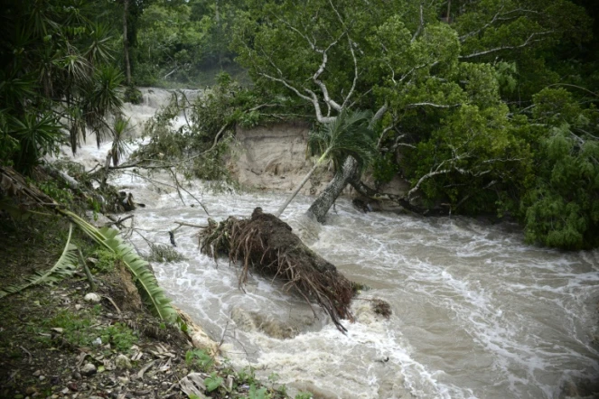 Les pluies de la tempête Earl alimentent les flots des rivières dans la région de la ville de Melchor de Mencos (Guatemala), une région située à la frontière du Belize, le 4 août 2016