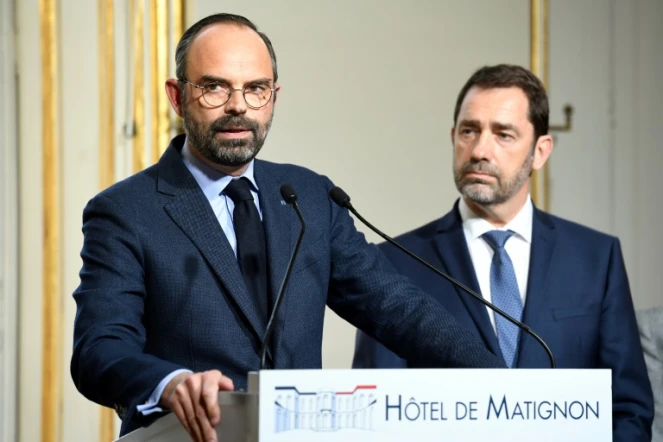 Edouard Philippe et Christophe Castaner lors d'une conférence de presse à Matignon, le 18 mars 2019
